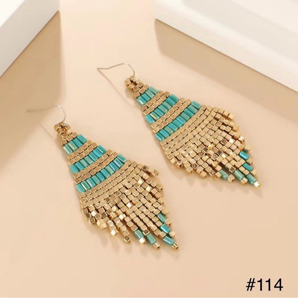 #114 | Green & Gold Beaded Tassel Dangle Earrings